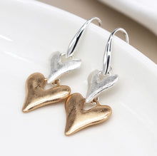 Load image into Gallery viewer, Two Tone Double Heart Drop Earring