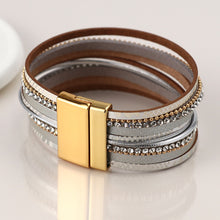 Load image into Gallery viewer, Grey Leather, Gold & Crystal Multistrand Bracelet
