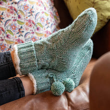 Load image into Gallery viewer, Dusky Aqua Cable Knit Sherpa Slipper Socks