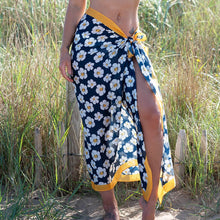 Load image into Gallery viewer, Silky Navy Pansy Print Scarf With Yellow Border