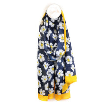 Load image into Gallery viewer, Silky Navy Pansy Print Scarf With Yellow Border