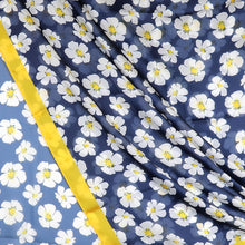 Load image into Gallery viewer, Silky Navy Pansy Print Scarf With Yellow Border