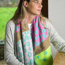 Load image into Gallery viewer, Reversible Green Mix Star Heart & Leopard Scarf With Fringe