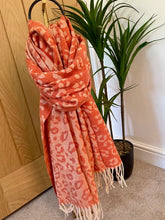 Load image into Gallery viewer, Orange & Beige Reversible Animal Print Scarf With Tassel Fringe