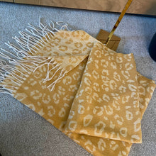 Load image into Gallery viewer, Mustard & Beige Reversible Animal Print Scarf With Tassel Fringe