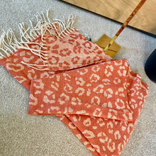 Load image into Gallery viewer, Orange & Beige Reversible Animal Print Scarf With Tassel Fringe