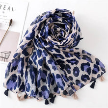 Load image into Gallery viewer, Spring Summer Cotton Leopard Print Scarf With Tassel | Blue