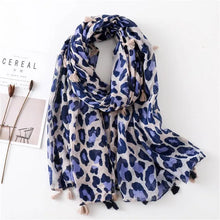 Load image into Gallery viewer, Spring Summer Cotton Leopard Print Scarf With Tassel | Blue