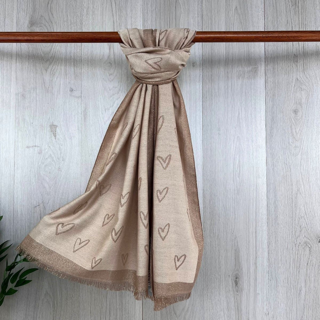 Reversible Heart Print Fine Winter Scarf | Biege
