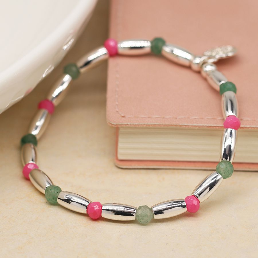 Oval, Pink & Green Beaded Bracelet