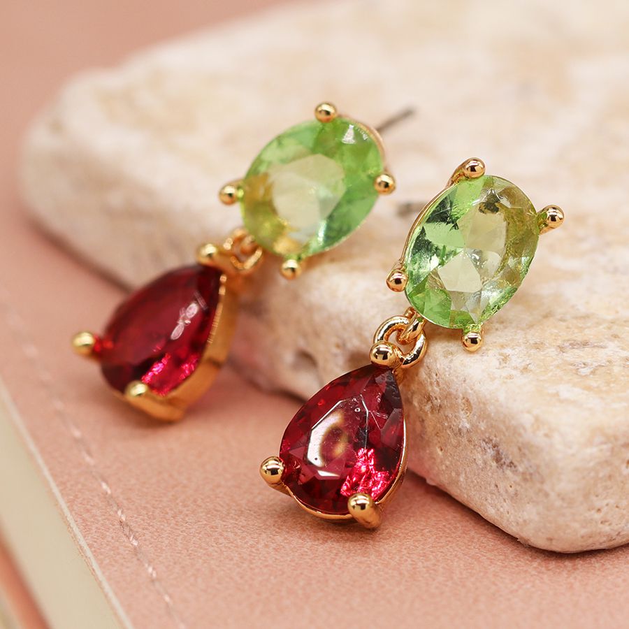 Double Drop Pink & Green Crystal Earrings