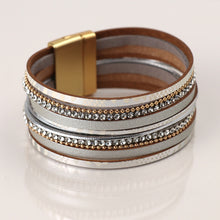 Load image into Gallery viewer, Grey Leather, Gold &amp; Crystal Multistrand Bracelet
