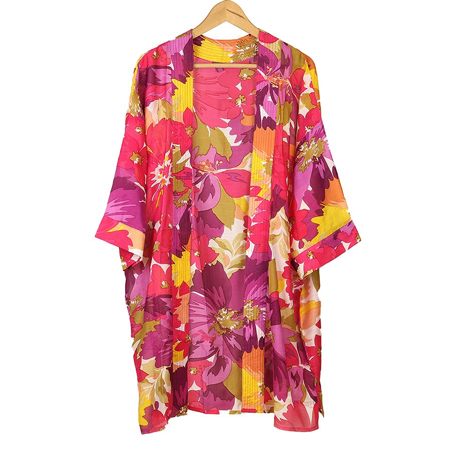 Long Pink Mix Floral Print Kimono