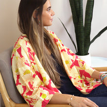 Load image into Gallery viewer, Long Red &amp; Lime Mix Tropical Print Kimono
