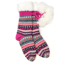Load image into Gallery viewer, Bright Pink Fair Isle Sherpa Slipper Socks
