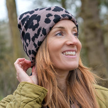 Load image into Gallery viewer, Taupe &amp; Black Abstract Animal Print Beanie Hat
