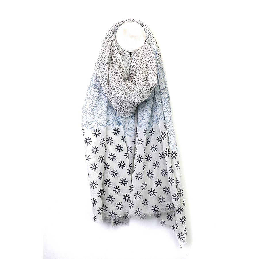 White Cotton Scarf With Multi Block Print In Blue & Taupe