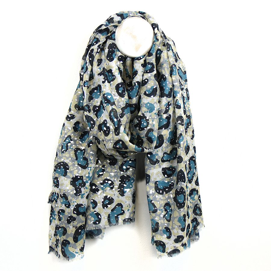 Teal, Navy & Ecru Mix Animal Print Scarf With Recycled Yarn