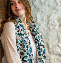 Load image into Gallery viewer, Teal, Navy &amp; Ecru Mix Animal Print Scarf With Recycled Yarn
