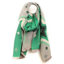 Load image into Gallery viewer, Green &amp; Grey Bold Jacquard Star Print Scarf
