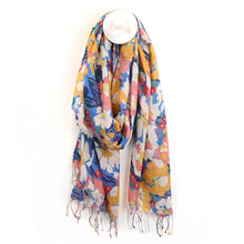 Load image into Gallery viewer, Blue &amp; Mustard Mix Painted Floral Scarf With Tassels
