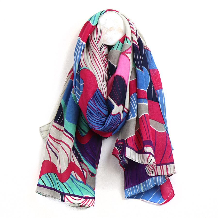 Bamboo Viscose Pink & Blue Mix Tropical Flower Print Scarf