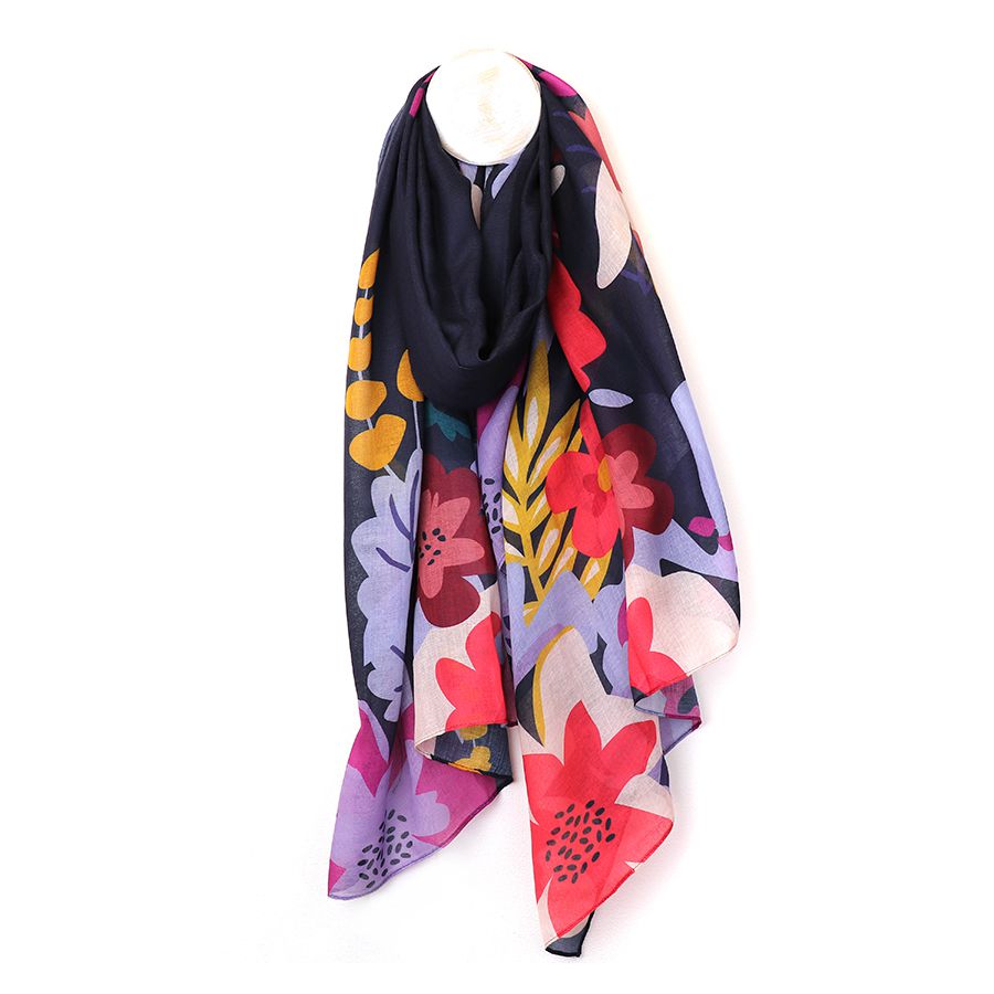 Recycled Navy Blue Tropical Print Edge Scarf