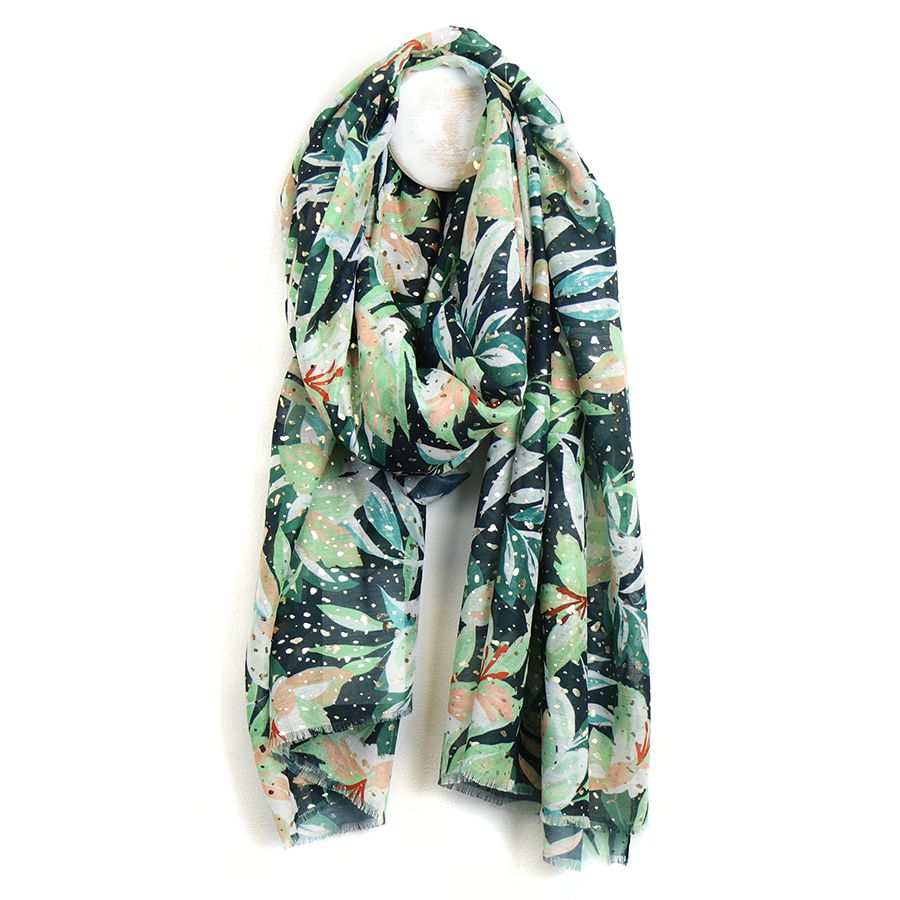 Recycled Green Mix Lily Print Metallic Scarf