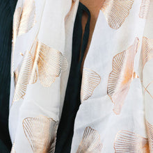 Load image into Gallery viewer, Recycled White &amp; Rose Gold Ginko Print Scarf
