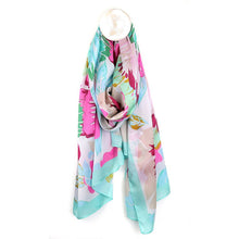 Load image into Gallery viewer, Silky Pink &amp; Aqua Tropical Flower Scarf
