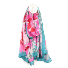 Load image into Gallery viewer, Silky Pink &amp; Turquoise Tropical Flower Scarf

