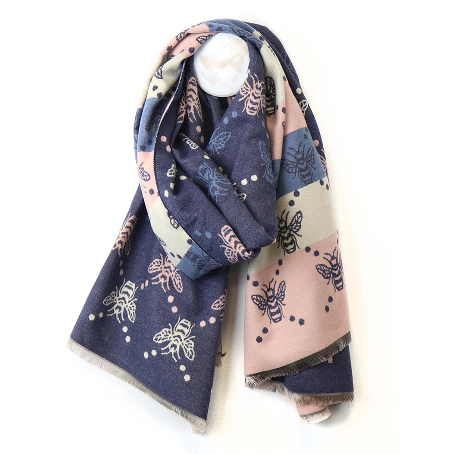 Blue Mix Bee & Stripe Jacquard Scarf