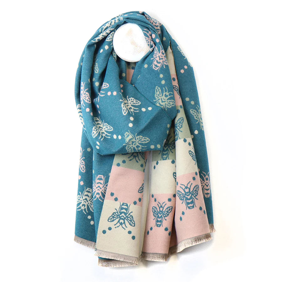 Teal Bee Mix & Stripe Jacquard Scarf