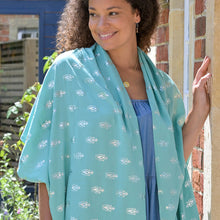 Load image into Gallery viewer, Aqua &amp; Metallic Feather Print Scarf
