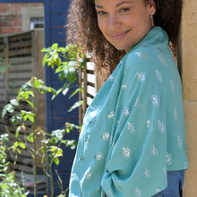 Load image into Gallery viewer, Aqua &amp; Metallic Feather Print Scarf
