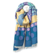 Load image into Gallery viewer, Reversible Blue Mix Polka Dot Stripes Scarf With Fringe
