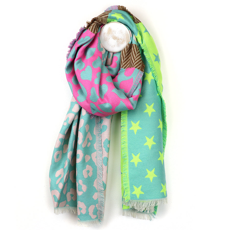 Reversible Green Mix Star Heart & Leopard Scarf With Fringe