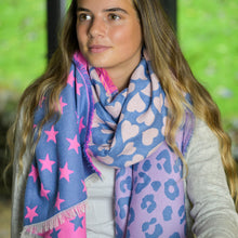 Load image into Gallery viewer, Reversible Blue &amp; Pink Star Heart &amp; Leopard Scarf With Fringe
