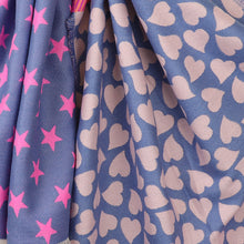 Load image into Gallery viewer, Reversible Blue &amp; Pink Star Heart &amp; Leopard Scarf With Fringe
