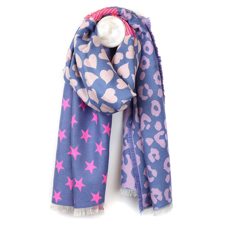 Reversible Blue & Pink Star Heart & Leopard Scarf With Fringe