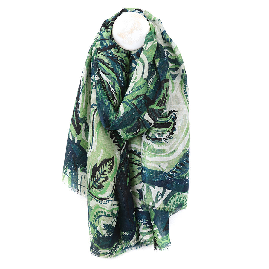 Green Mix Paisley Leaf Print Scarf