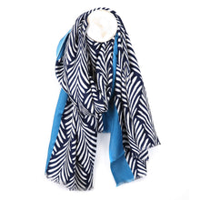 Load image into Gallery viewer, Blue Border Monochrome Leaf Print Scarf
