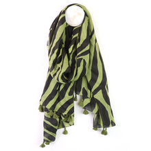 Load image into Gallery viewer, Green &amp; Black Cotton Zebra Print Scarf
