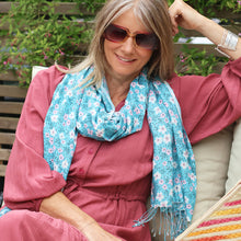 Load image into Gallery viewer, Turquoise Ditsy Floral Print Modal Scarf
