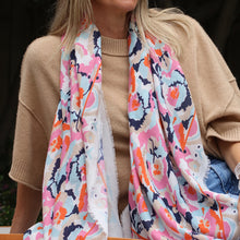 Load image into Gallery viewer, Recycled White &amp; Coral Abstract Ikat Scarf
