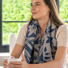 Load image into Gallery viewer, Blue &amp; Grey Leaf Silhouette Jacquard Scarf
