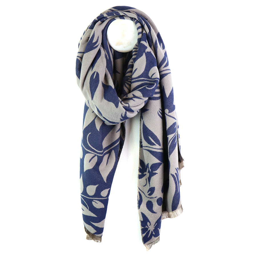 Blue & Grey Leaf Silhouette Jacquard Scarf