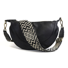Load image into Gallery viewer, Black Vegan Leather Half Moon Bag With Zig Zag Strap
