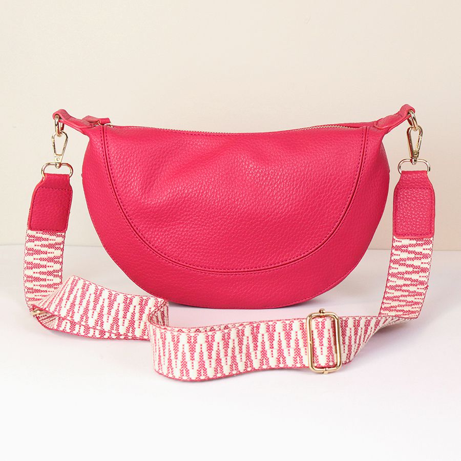 Pink Vegan Leather Half Moon Bag With Spotty Strap