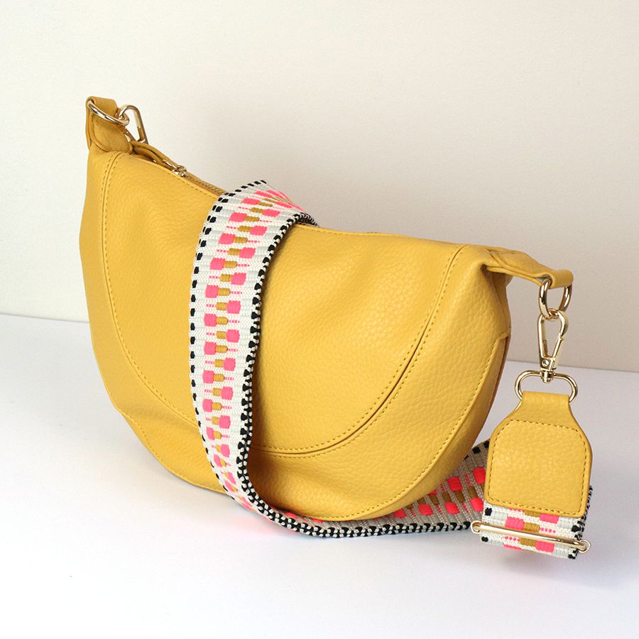 Yellow Vegan Leather Half Moon Bag With Spotty Strap
